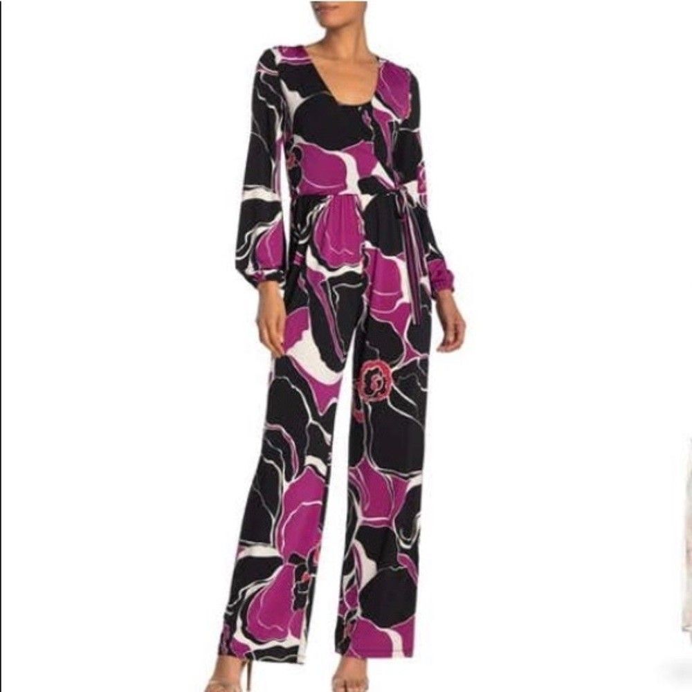 Trina Turk Jumpsuit Womens Medium Multicolor Floral V Neck Belted Long Sleeve